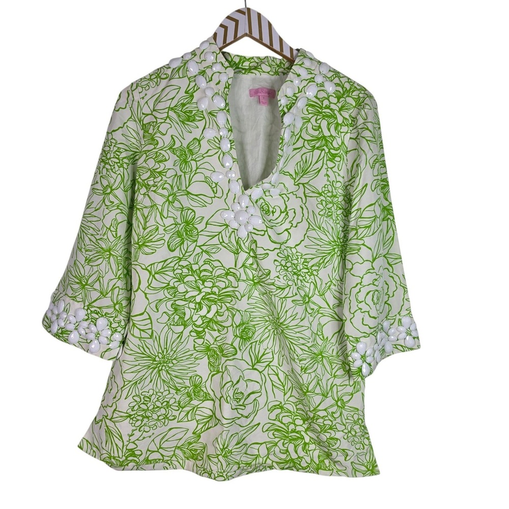 LILLY PULITZER Newbury Tunic Womens 6 Green Floral Beaded V Neck Top